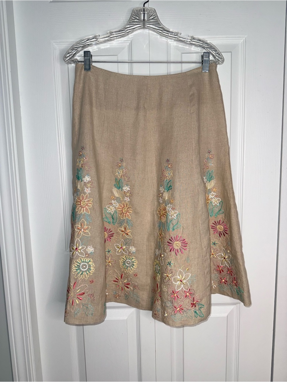 David Brooks Flax Linen Floral Embroidered Midi Skirt Size 6 Neutral Boho